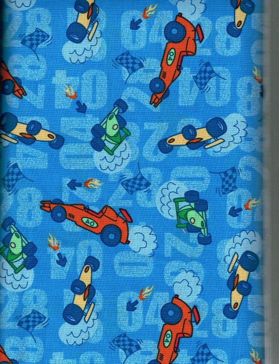 Items similar to Quilt / Quilting Fabric Race Car Print Fabric Blue and