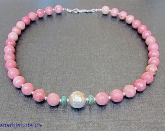 Rhodonite Necklace - Rhodonite, Silver and African Turquoise Necklace - Pink Gemstone Necklace - Natural Stone Necklace - Silver Necklace