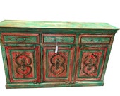 Indian Antique Manjush Chest red green patina brass Vintage Sideboard Tv Stand Buffet  Shabby Chic Furniture