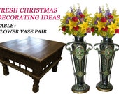 Christmas Home Decor-Unique Brass Flower Vase Pair+Antique Coffee Table