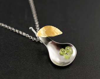 Statement necklace, pear pendant necklace, peridot jewelry, girlfriend gift, sterling silver necklace, fruit necklace, unusual necklace