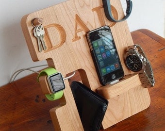 Personalized Phone and Apple Watch Docking Station - Made from Real Hardwood! - Father's Day Gift, Men's Gift, Groomsmen Gift
