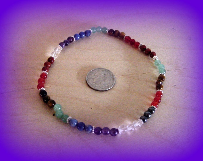 7 Chakra Petite Bracelet or Anklet, Ankle Semi Precious, Sterling Silver Accents, Stretch, Gift Idea