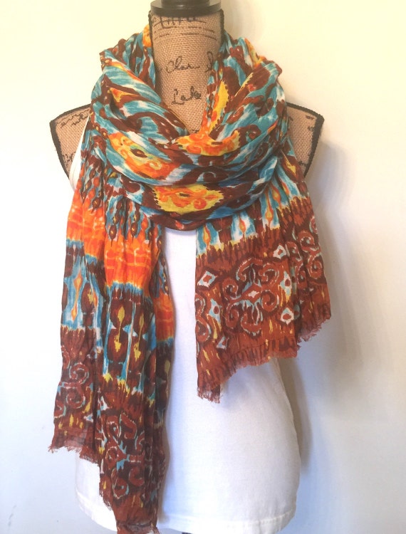 Ikat Multicolor Scarf Cotton voile scarf fringe by KneckKnackShop