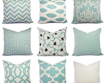 Spa Blue and Beige Pillow Cover - One Blue Throw Pillow Cover - Blue Decorative Pillow Covers - Blue Couch Pillows - Blue Pillow Covers