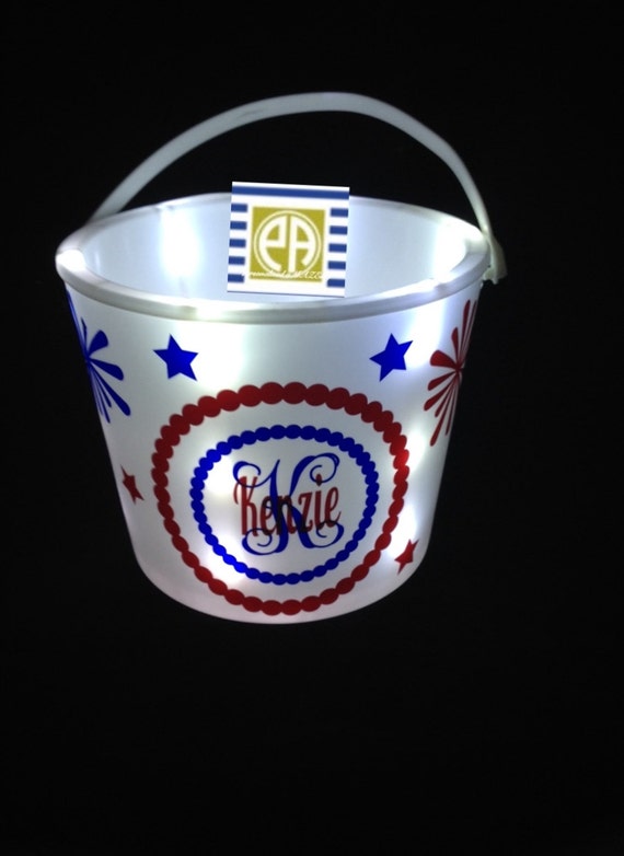 Personalized  bucket, party favor, Light up bucket, monogram bucket, Fourth of july, camping, movie party, children personalized bucket