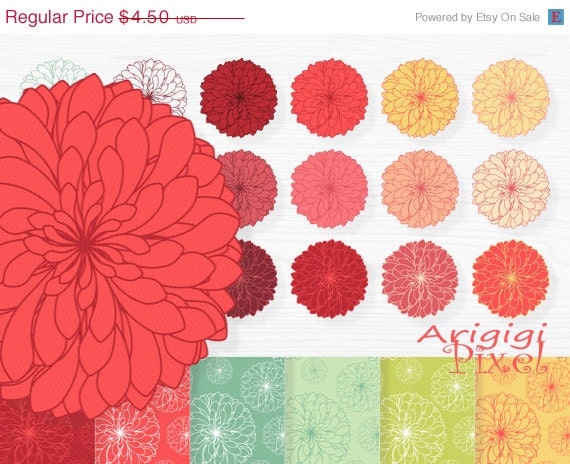 Spring SALE 50 % OFF chrysanthemum digital paper and clip art set , flowers clipart, warm fall colors, commercial use digital elements, inst Il_570xn
