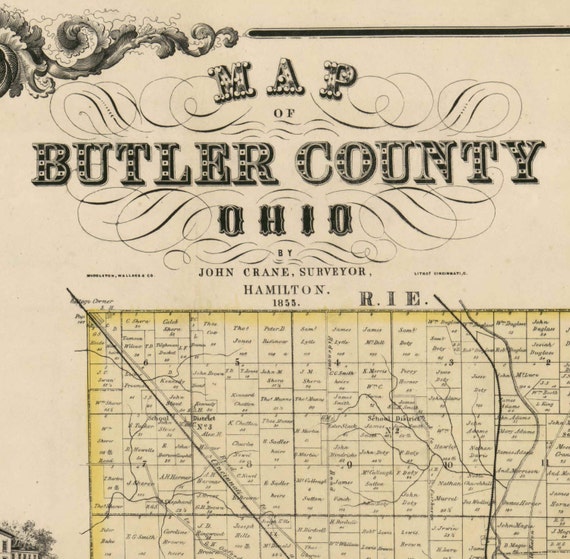 Butler County Ohio 1855 Old Wall Map Reprint with Homeowner