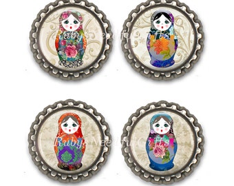 Babushka Bottle Cap Magnets, Bottlecap magnets, fridge magnets, refridgerator magnets, Birthday Gift, Set of 4.