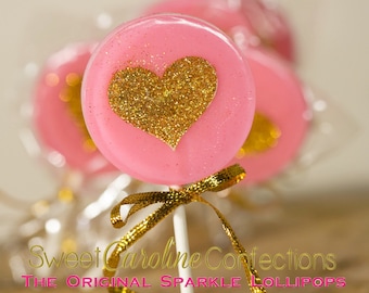 Bubblegum Pink and Gold Wedding Favors, Heart Lollipops, Gold Favors, Gold Wedding Favor, Lollipops, Sweet Caroline Confections -Set of Six