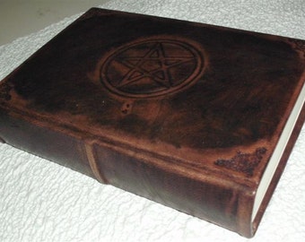 Italian handmade leather journal - engraved with pentacle and bookbinding tools- book of shadows