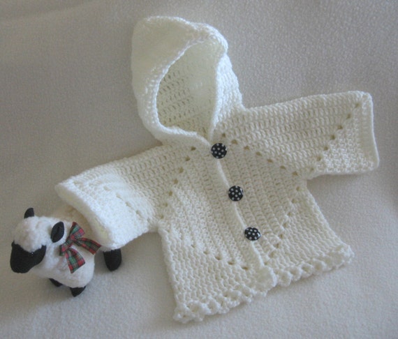 Hand Crochet Winter White Infant Hooded Sweater Handmade