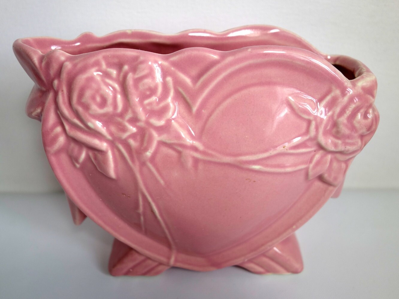 McCoy Pottery Pink Heart Vase 1943 Rose Ornamented Pink