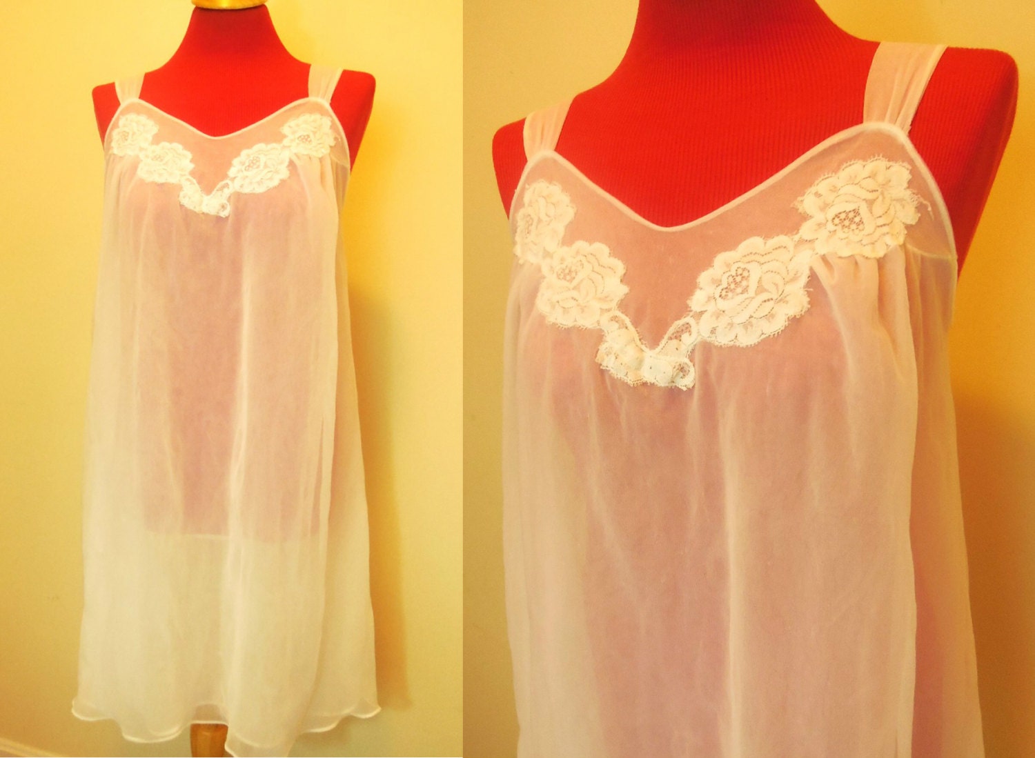 Vintage Nightgown White Cream Nylon Sheer Slip by LaFlirtBoutique