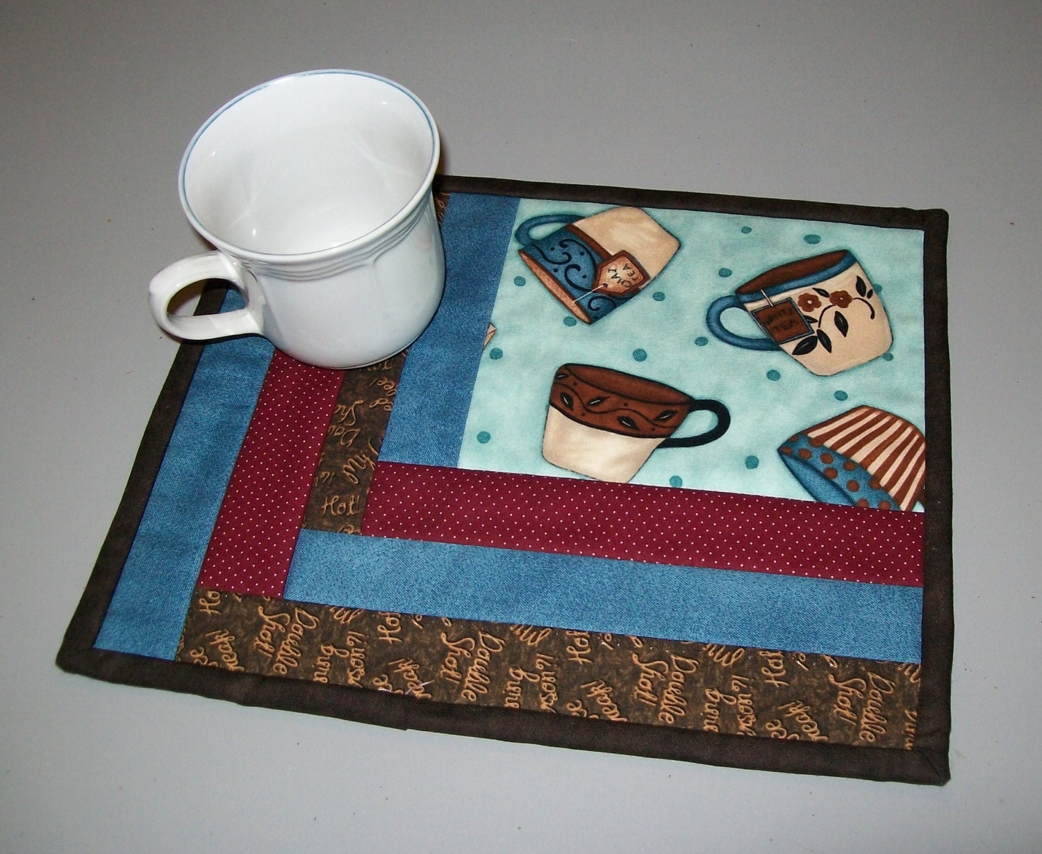 Coffee tea cup mug rug reversible mat turquoise blue brown