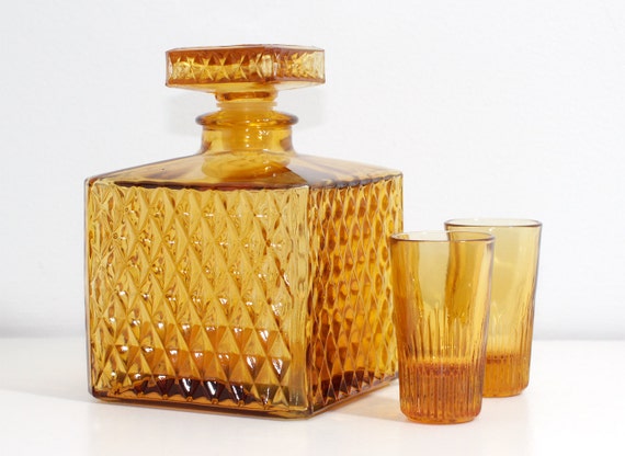 vintage bottle bottom diamond on with Pattern Square Amber Vintage Decanter with Bottle Glass Liquor Diamond