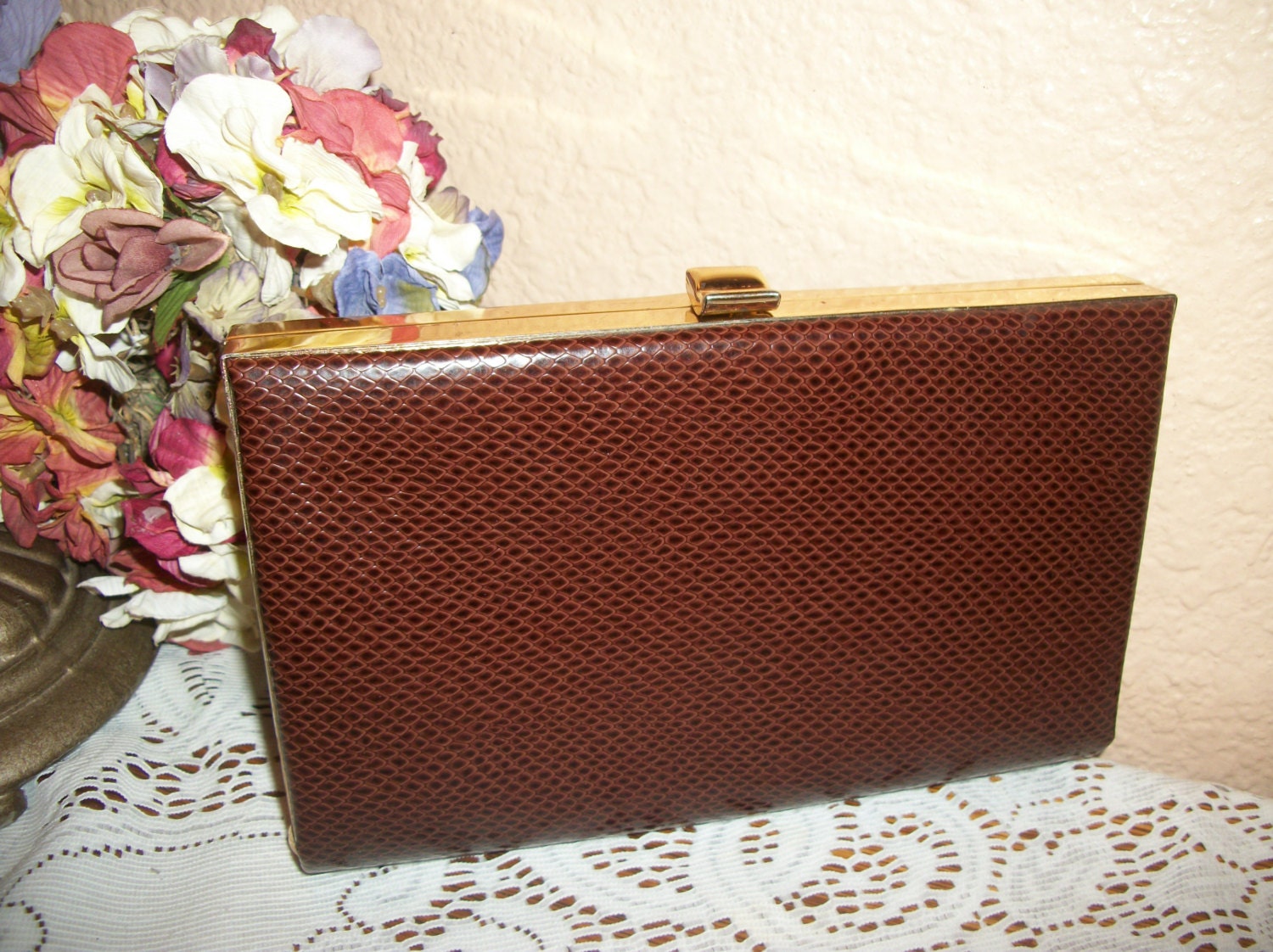 Pocket Book Purse Brown Reptile Pattern Vinyl Convertible