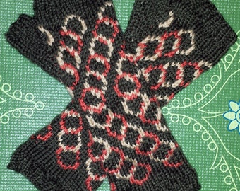 50% off Sale! The Dragon - Fingerless Gloves in Evergreen with an Interlinking Chain Pattern in Burnt Orange and Beige
