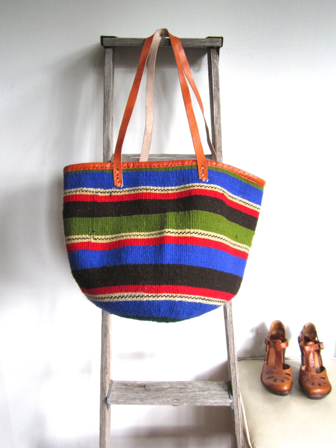 Large Woven Tote Bag with Leather Shoulder Straps Navy by Ikavu