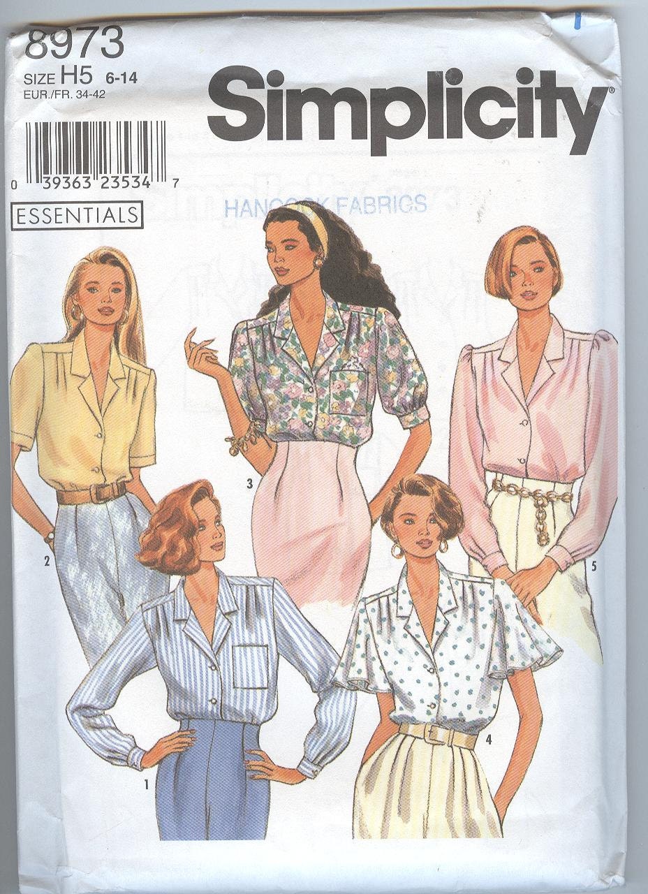 1990s Blouse Pattern Simplicity 8973 Button Front Shirt Tops