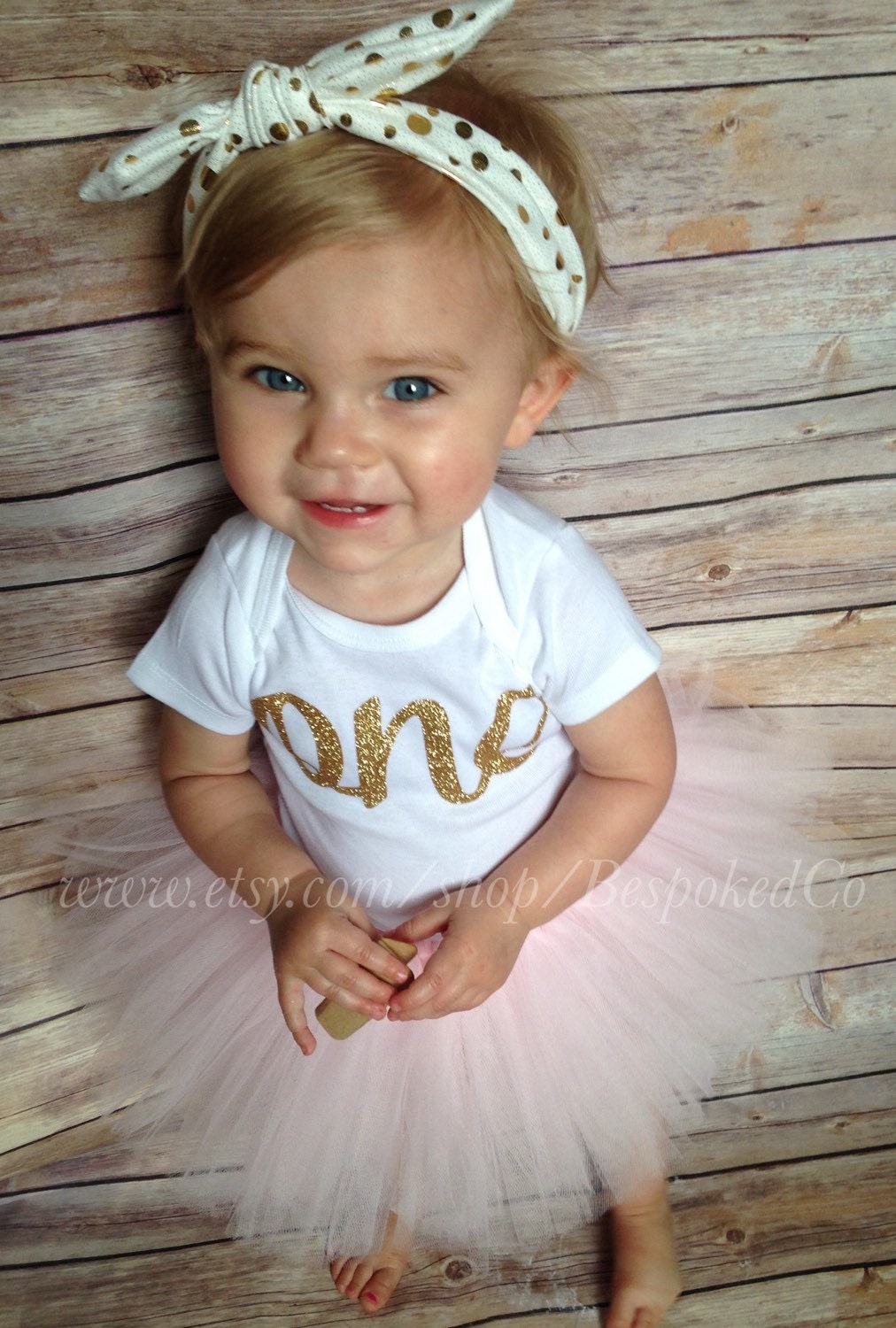 Baby girls first birthday outfit with knotted headband Gold