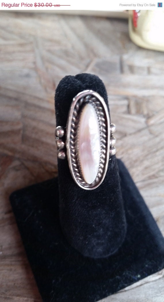 Spring Sale Vintage Unique oval setting Sterling Silver with hallmark Mother of Pearl Zuni, Native American ring size 6 steampunk buy now online