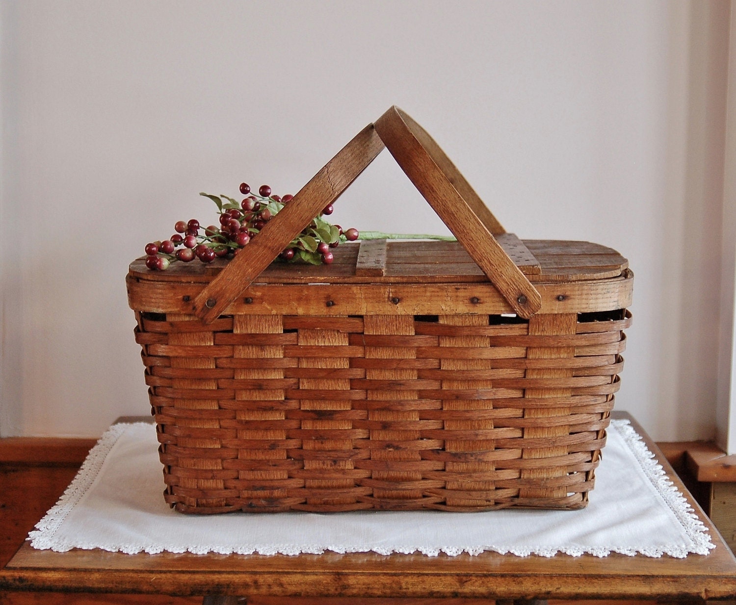 Antique Wood Picnic Basket Old Woven Picnic Basket Ash