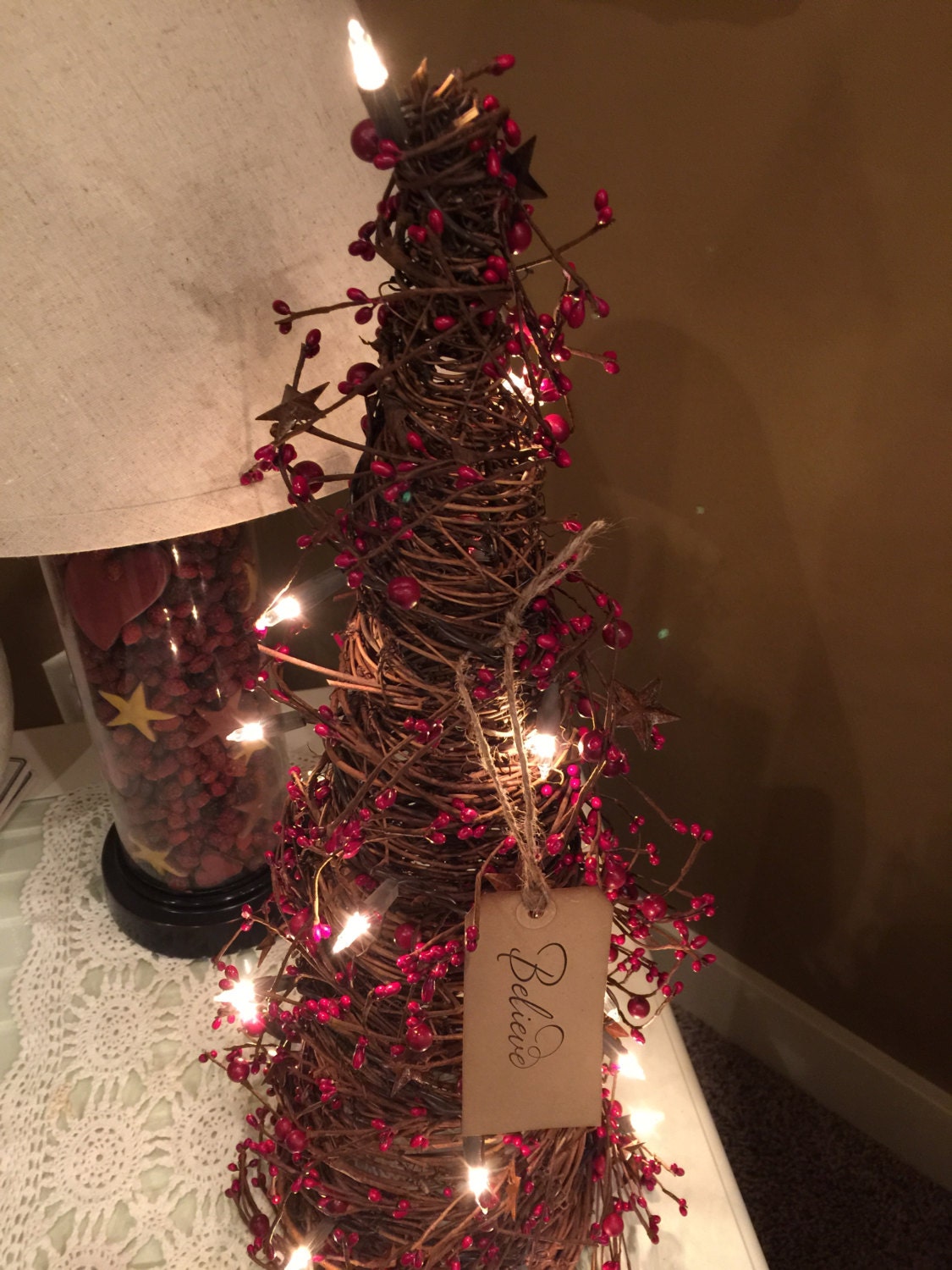 Handmade 2 ft Primitive Twig Cone Tree with Lights Berries