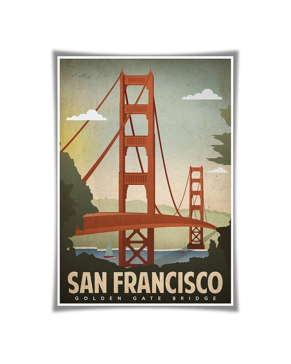 San Francisco Print Retro Poster Golden Gate Bridge San