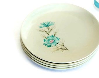 CLEARANCE SALE Luncheon Plates, Set of 4 Salad Dessert, Ever Yours Boutonniere, 6.75" Taylor Smith & Taylor, Pink Aqua Carnation Motif