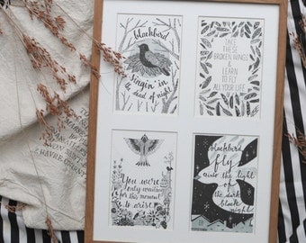 Blackbird Letterpress Prints / Postcards - set of 4 (From The Beatles' Blackbird Song)