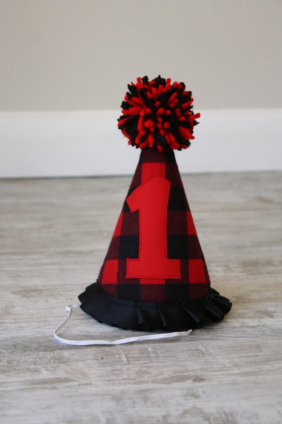 Lumberjack Theme Birthday Hat Red and Black Buffalo Paid Hat