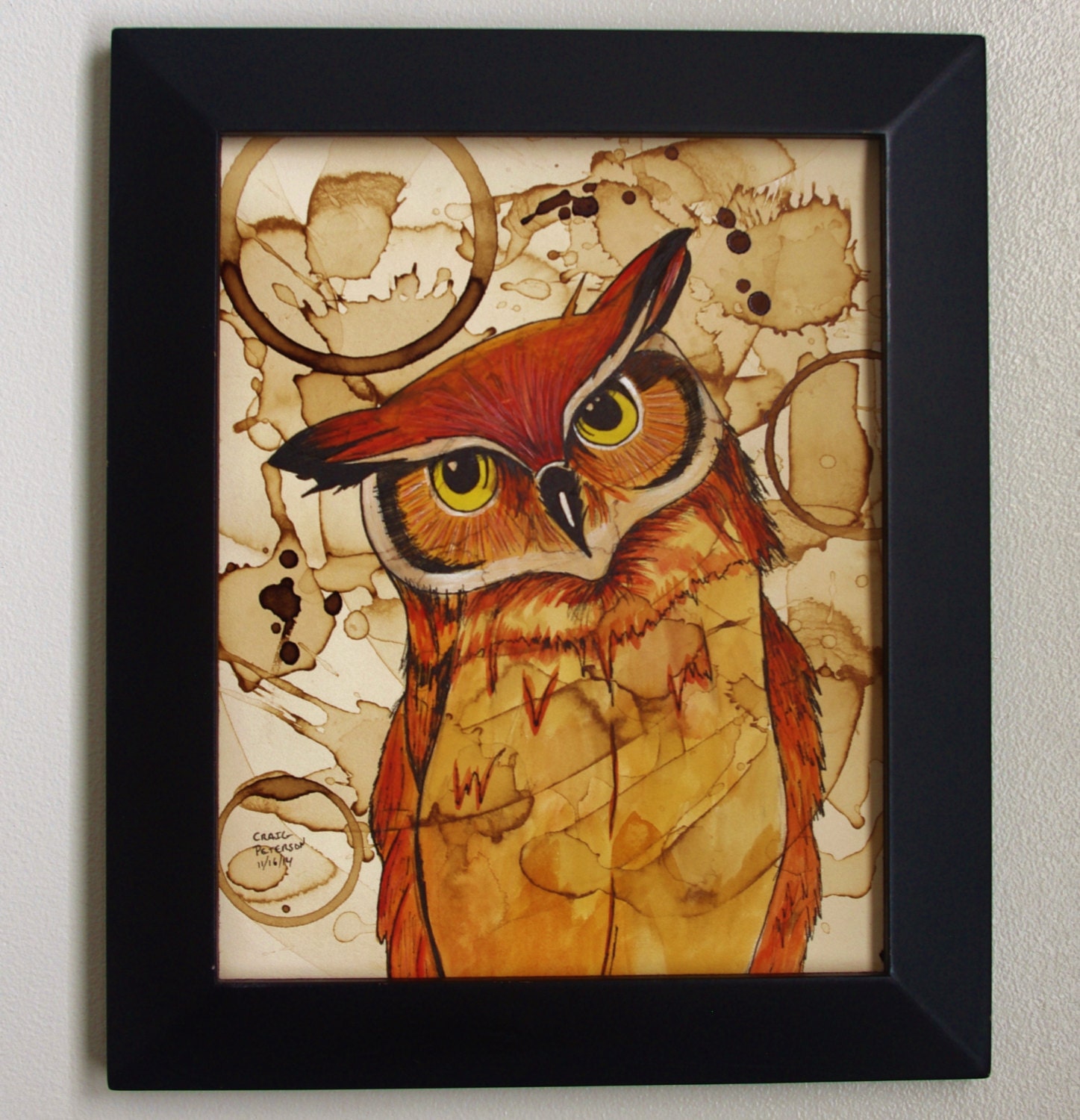 Coffee Art Orange Owl Painted With Watercolor And Pen And Ink