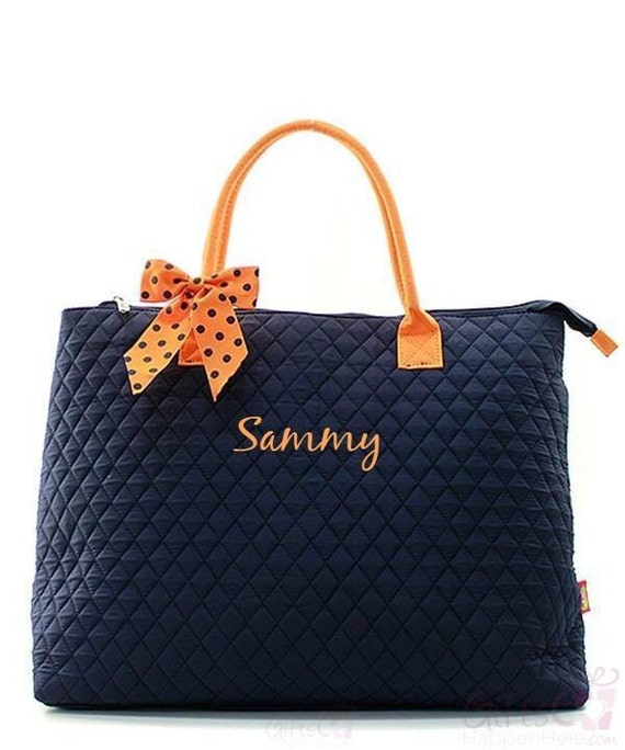 Monogrammed Quilted Tote Bag Personalized Navy Blue Orange Polka Dot ...