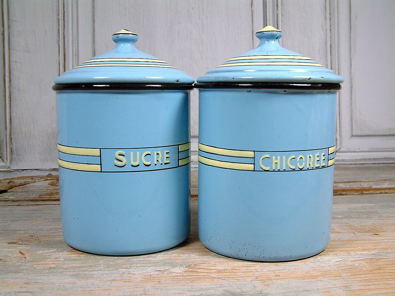 Vintage ART DECO french enamel kitchen  canisters in baby  blue 