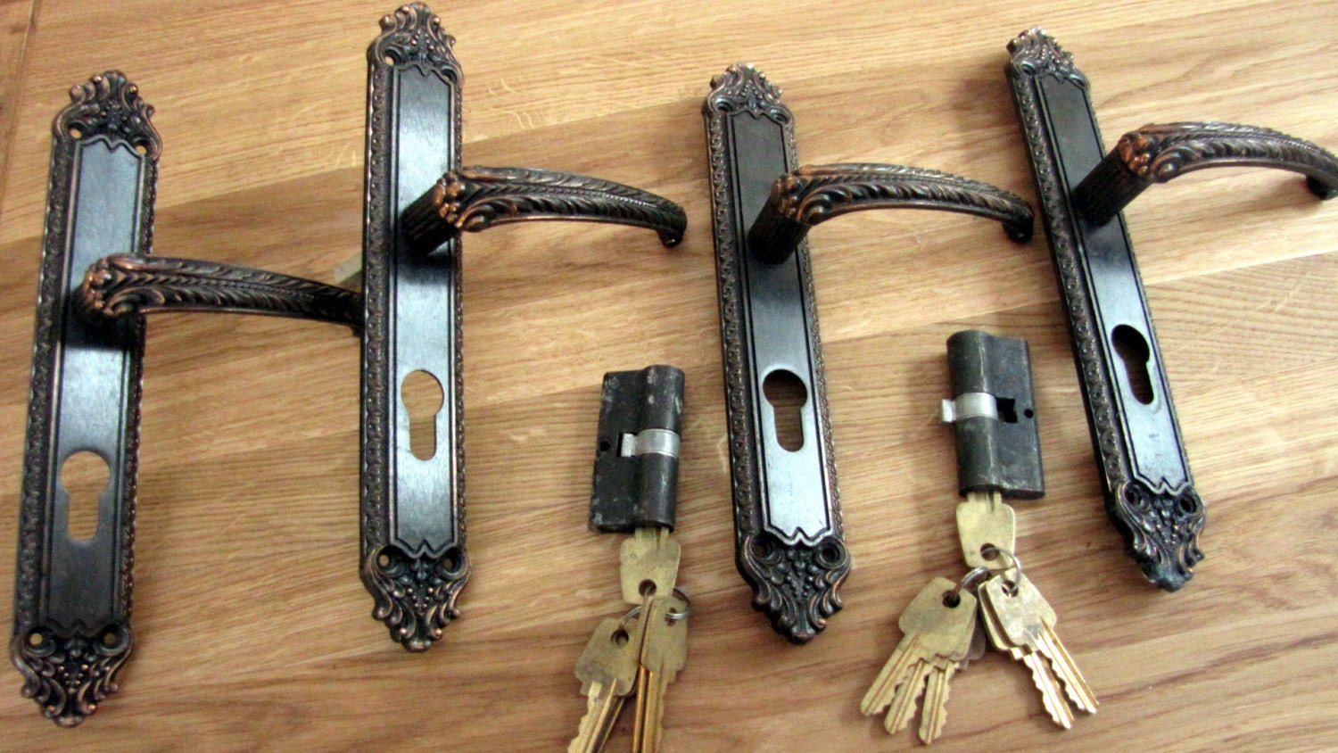 Two Copper Colored Door Handle Set with Keys from USSR Black and Copper Metal Handle Set