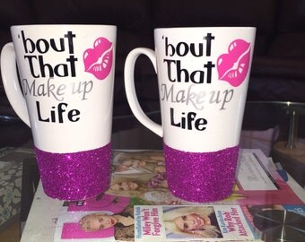 Pink glitter dipped Personalized Make up mugs