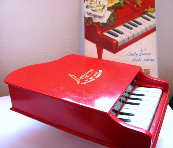 Vintage Toy Piano Red Wooden Piano in Original by CurlyandNibs