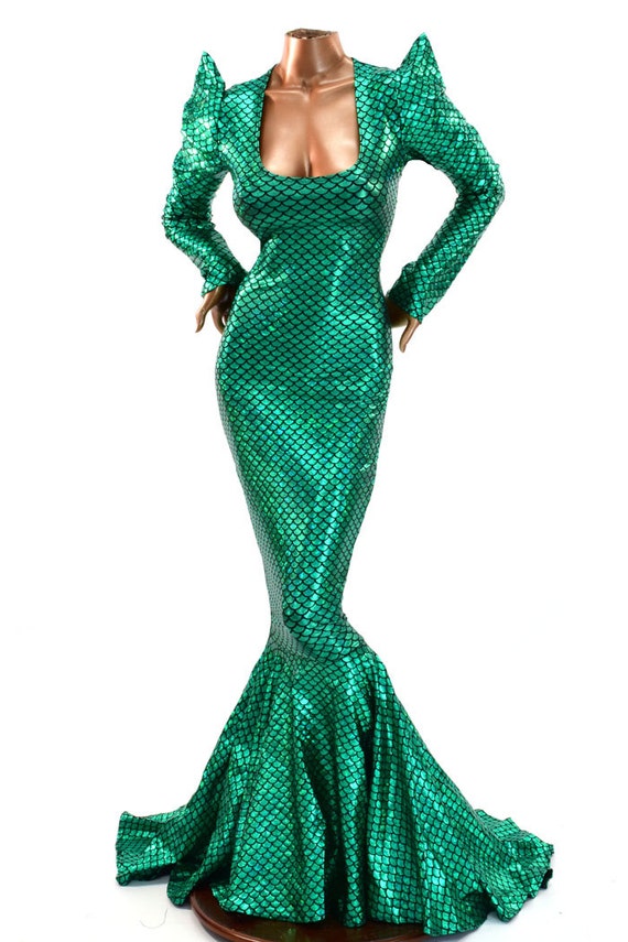 Glamorous Bombshell Green Mermaid Round Scale Sharp Shoulder