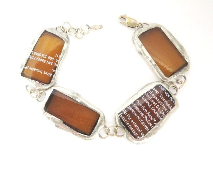 Vntage Amber Glass Links Bracelet, Perfume Bottle Silver Tone Bracelet