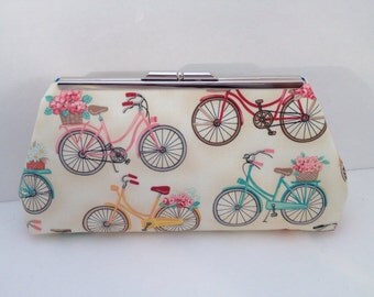 Vintage Look Bicycle Print Clutch Purse with Nickel/Silver Finish Snap Close Frame