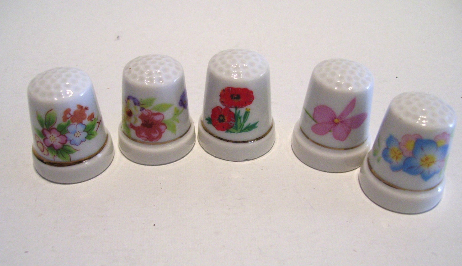 5 Vintage Porcelain Thimbles Flower Pot Shape Hand Painted Flowers
