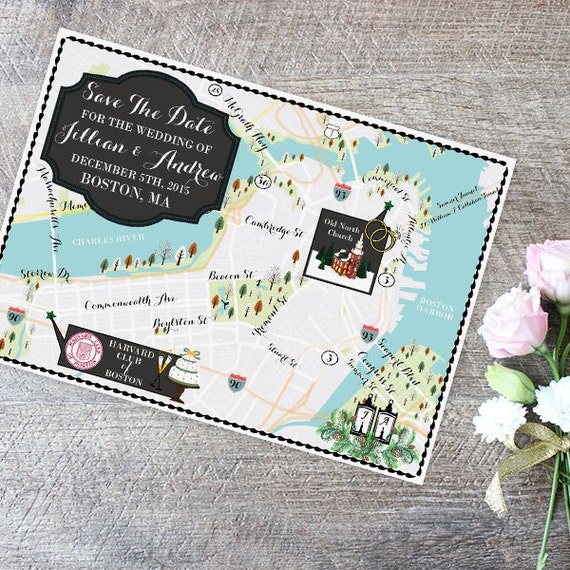 Custom Wedding MAP- Any Location- Boston, Massachusetts Map Pictured- Custom Illustrated Wedding Map- Custom Map for Out of Town Bags- Map