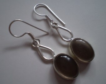 Brown Smoky Quartz Glass 925 Sterling Silver Plated French Wire Dangle Earrings - 1 7/8"
