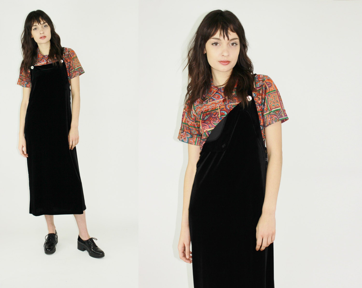 vtg 90s velvet JUMPER dress black maxi overalls by