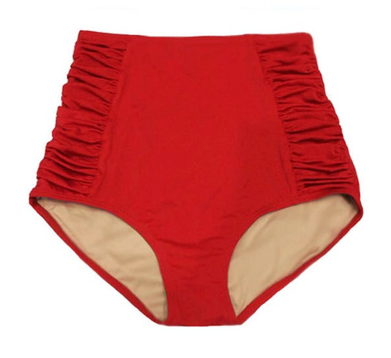 Red Ruched Scrunch High Waisted Waist Rise Highwaisted