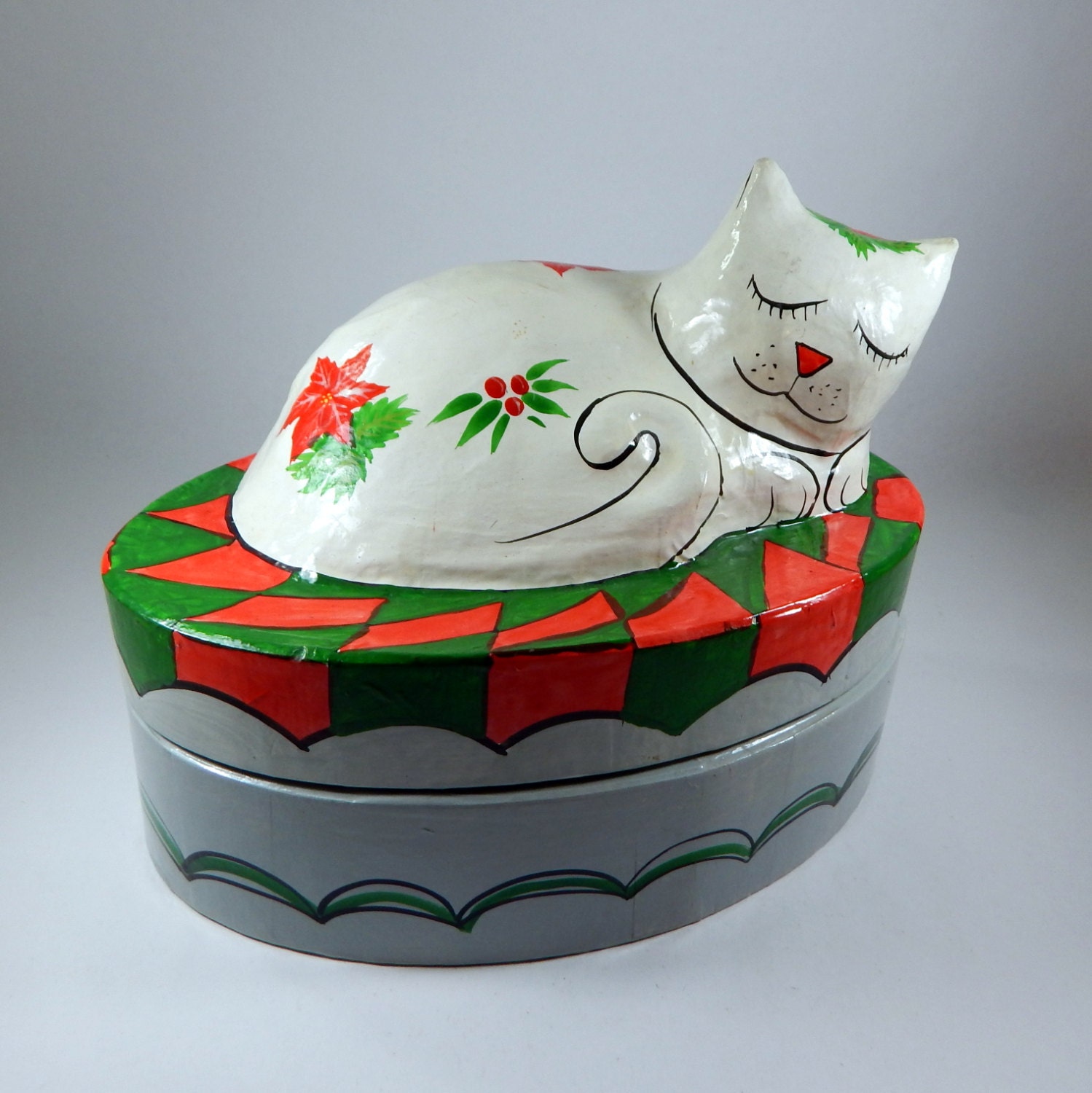 Lacquered Paper Mache Cat Box, Christmas Kitty, 10x6x7 Inches Haute Juice