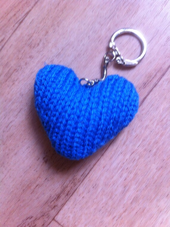 Pretty Blue Hand Knitted Heart Keyring