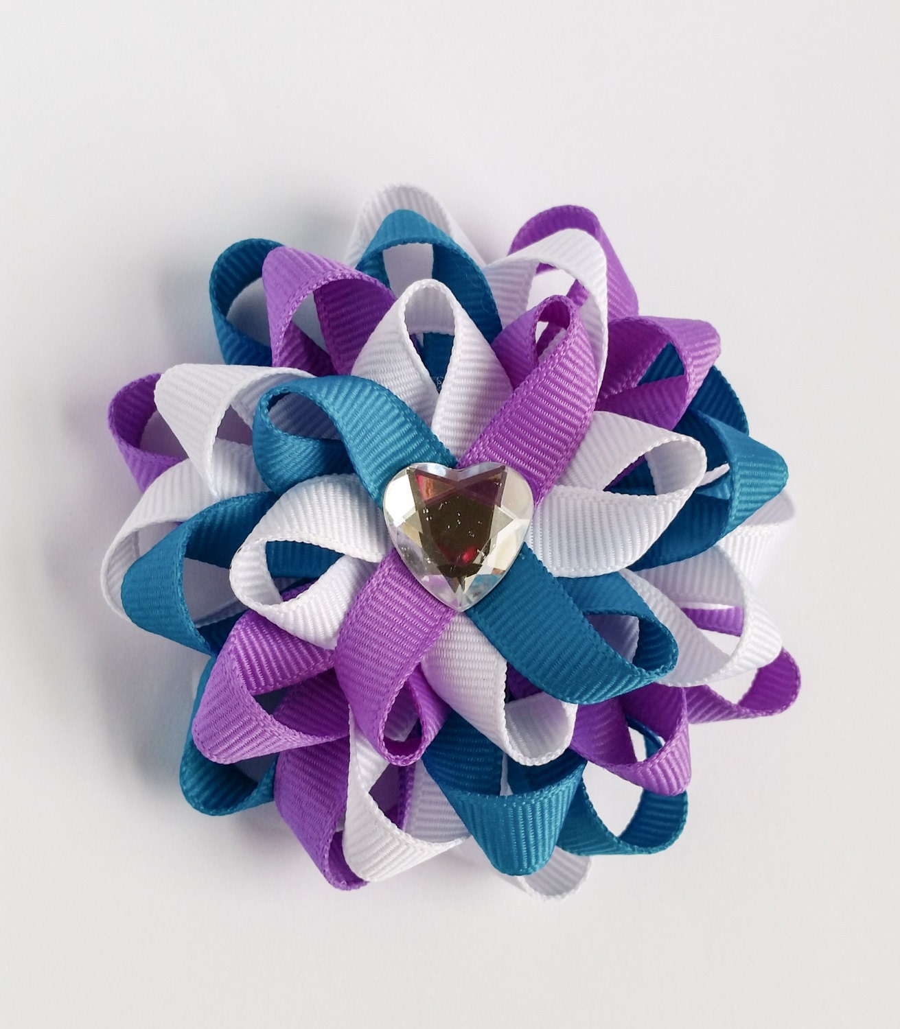Layered loopy flower hair bow Purple turquoise and white
