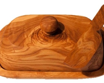 Wooden Butter Dish, Knife from carved solid Olive wood
